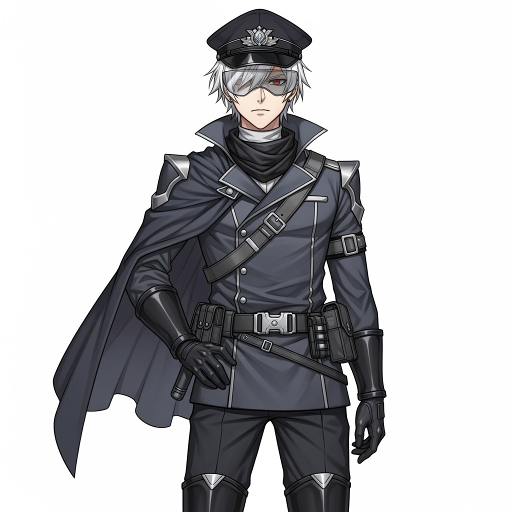 Anime male original character inspired by Punishing: Gray Raven gacha game, featuring pure white hair reaching the forehead and nape, with intense red eyes and an athletic build
