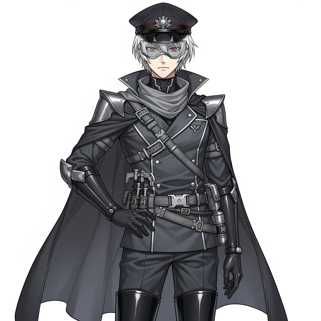 Anime male original character inspired by Punishing: Gray Raven gacha game, featuring striking pure white hair that reaches the forehead and nape, combined with intense red eyes and an athletic build