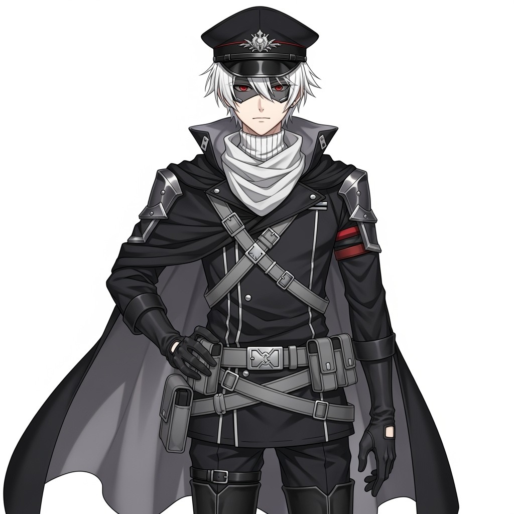 An anime male OC inspired by the Punishing: Gray Raven gacha game, featuring a striking appearance with pure white hair that reaches his forehead and nape and intense red eyes