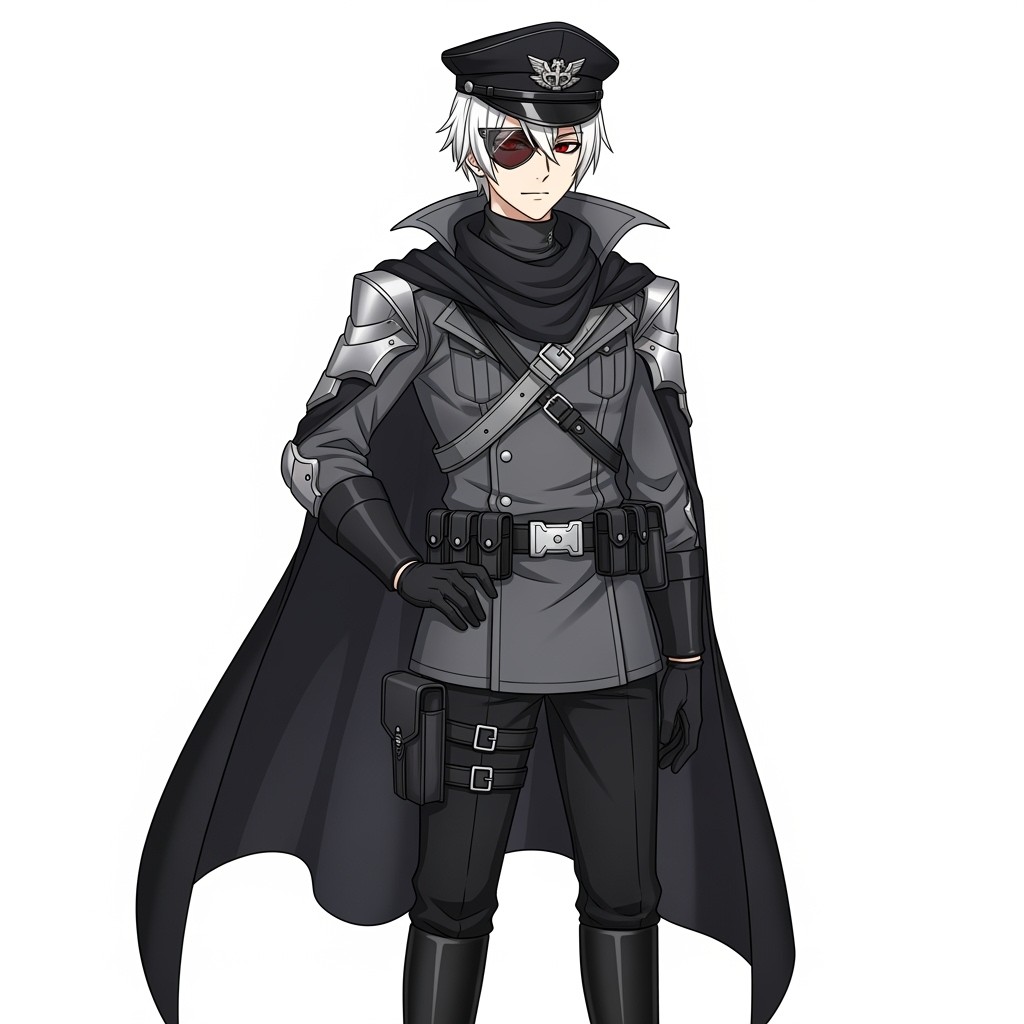 An anime male OC inspired by the Punishing: Gray Raven gacha game, featuring pure white hair that reaches his forehead and nape, with striking red eyes