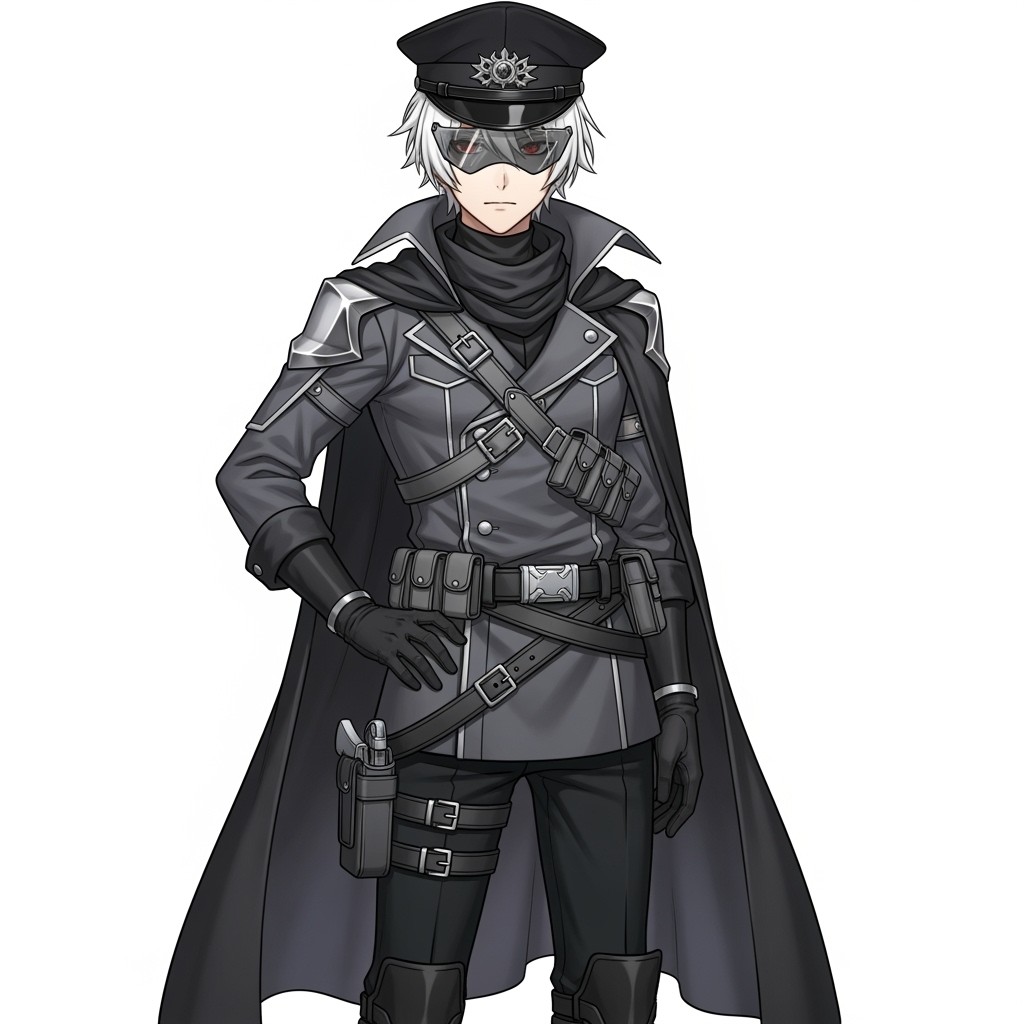 An anime male OC inspired by the Punishing: Gray Raven gacha game, showcasing pure white hair that reaches his forehead and nape, along with piercing red eyes