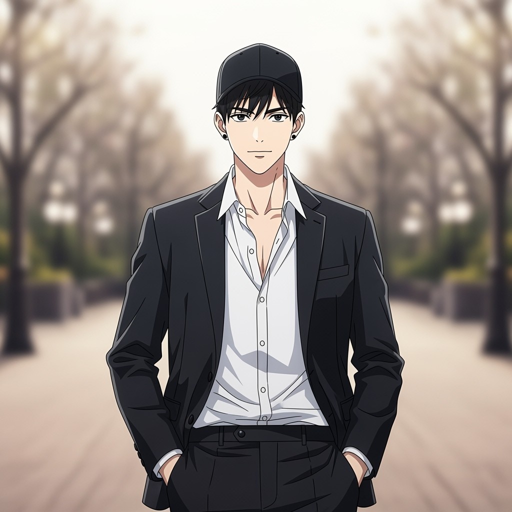 A young man standing confidently in the center of the frame, dressed in a sharp, dark suit over a white dress shirt that is stylishly unbuttoned at the top