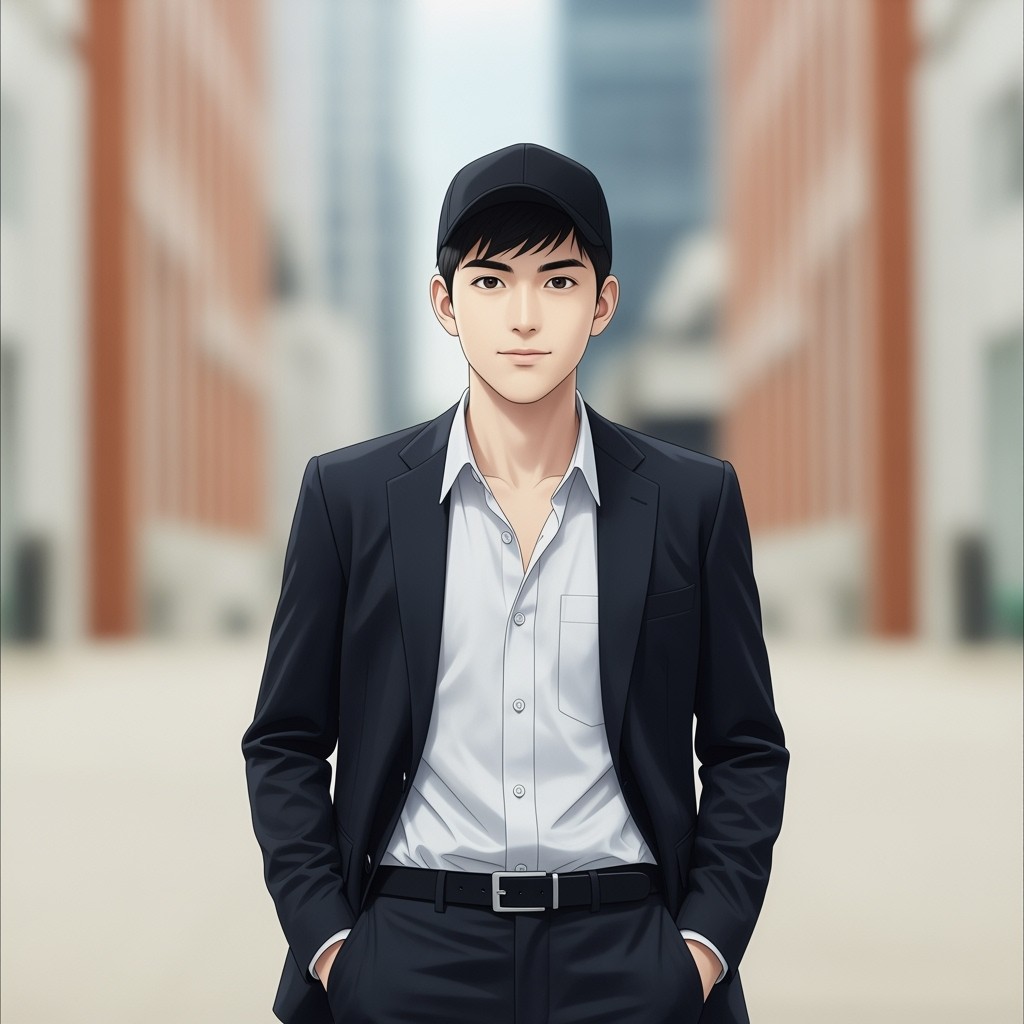 A young man standing confidently in the center of the frame, dressed in a sharp, dark suit worn over a white dress shirt that is stylishly unbuttoned at the top
