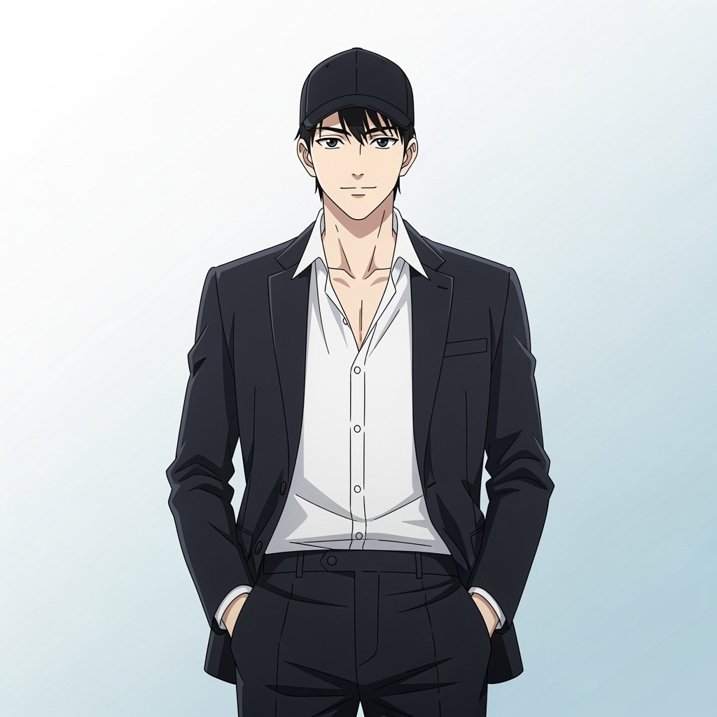 An anime-themed illustration of a young man standing confidently in the center of the frame, dressed in a sharp, dark suit layered over a white dress shirt, which is unbuttoned at the top for a relaxed appearance