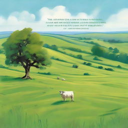 A serene, lush green pasture under a clear blue sky adorned with the caption 'The Lord is my shepherd; I shall not want'.