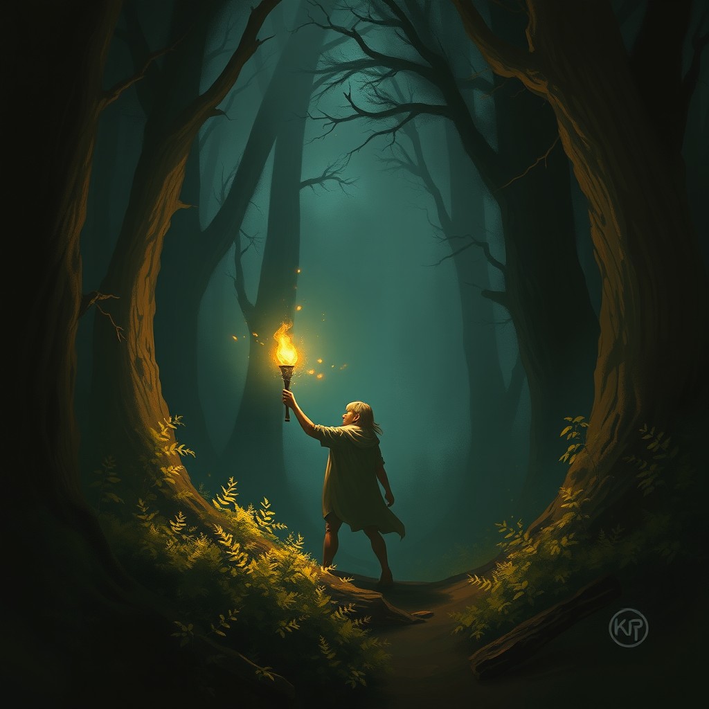 A stunning digital painting for an A4 size book cover, featuring a character holding a large torch in their hand, illuminating the dark surroundings as they search for something mysterious