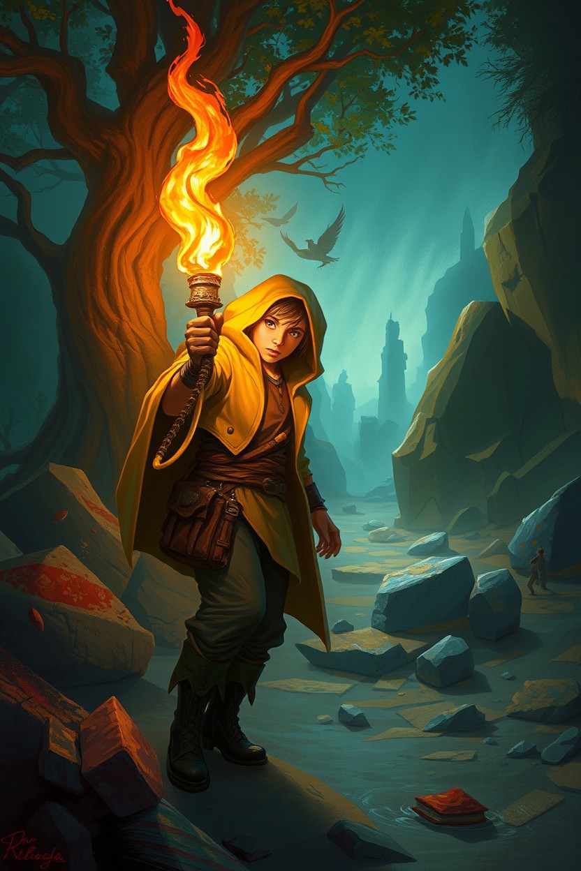 A beautifully detailed digital painting illustration for a book cover, featuring a character with a big torch in hand, intently searching for something in a mysterious setting