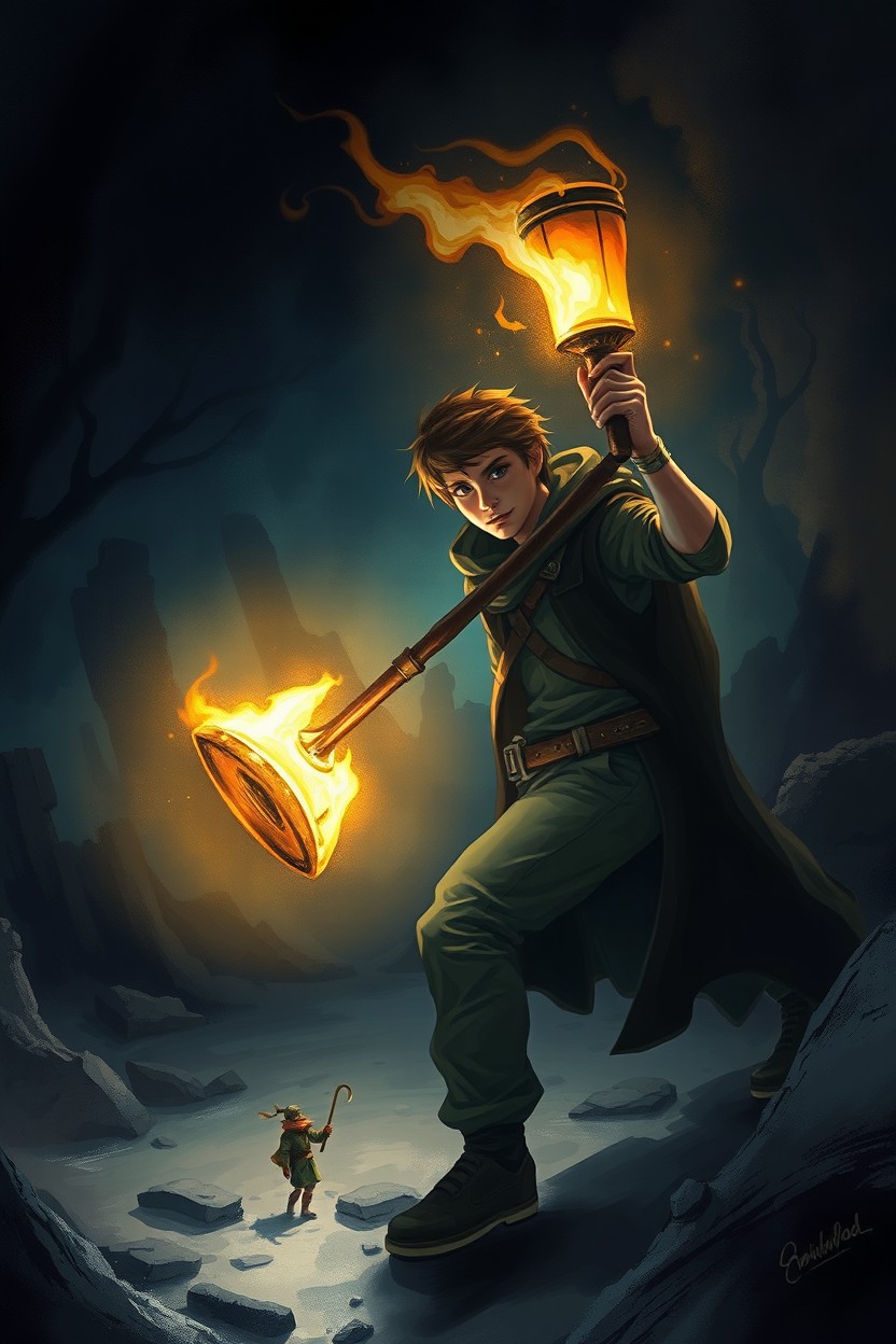 A beautiful digital painting illustration for an A4 size book cover featuring a human character holding a big torch, searching for something in a mysterious, dark environment