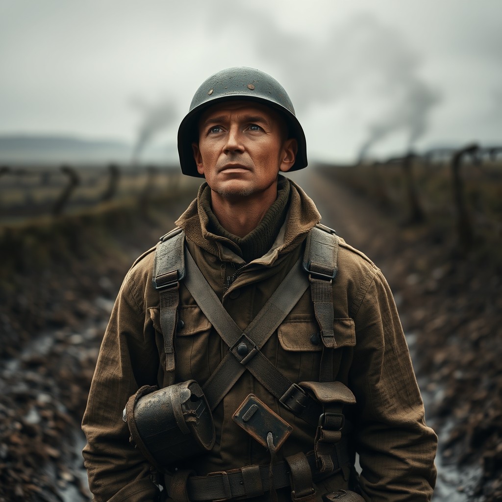 A dramatic World War I soldier in full uniform, complete with a helmet and gear, standing in a muddy battlefield