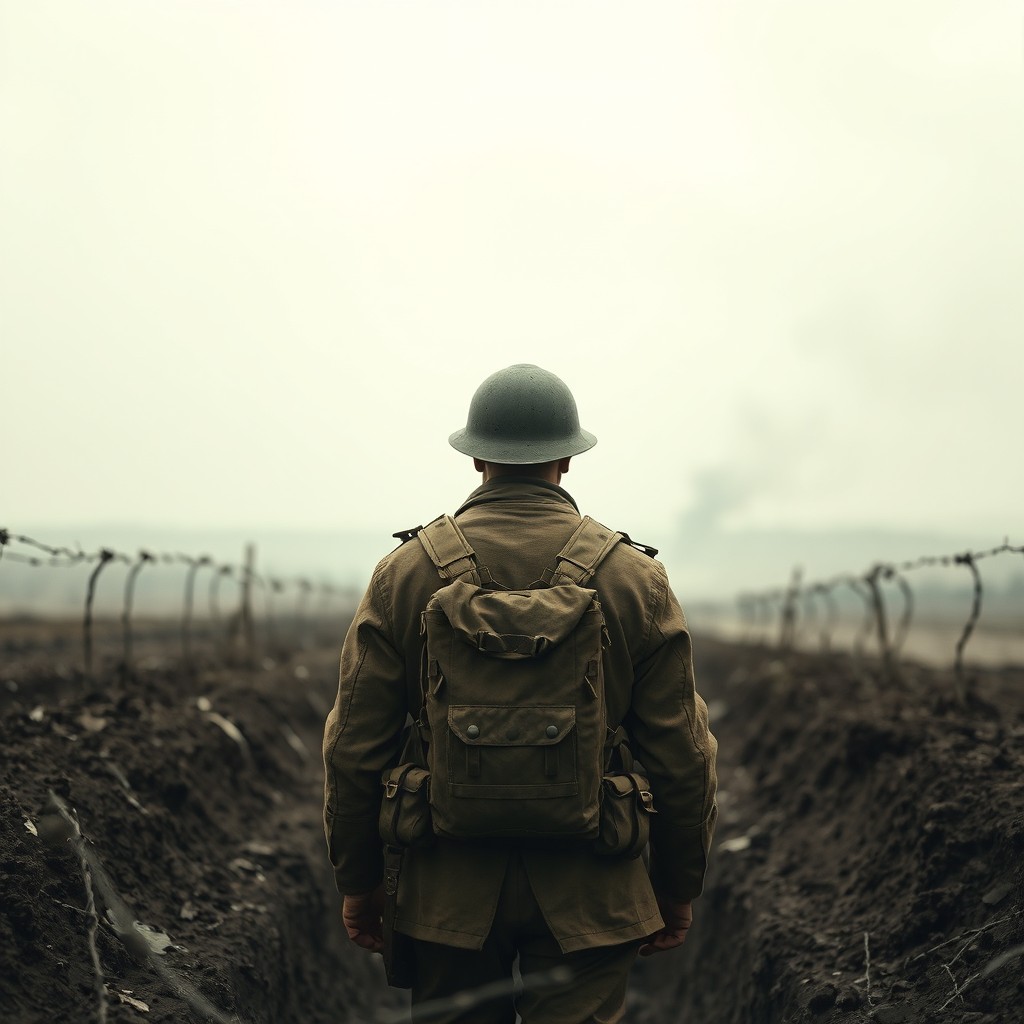 A World War I soldier viewed from the rear, standing in a trench with his back to the viewer