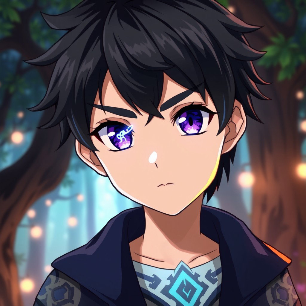Anime portrait of a young boy with black hair and striking purple eyes, one eye featuring a glowing magic rune within it