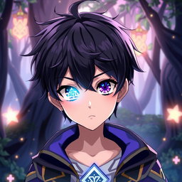 Anime portrait of a young boy with black hair and striking purple eyes, one eye featuring a glowing magic rune within it