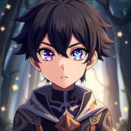 Anime portrait of a young boy with black hair and striking purple eyes, one eye featuring a glowing magic rune within it
