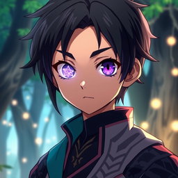 Anime portrait of a young boy with black hair and striking purple eyes, one eye featuring a glowing magic rune within it