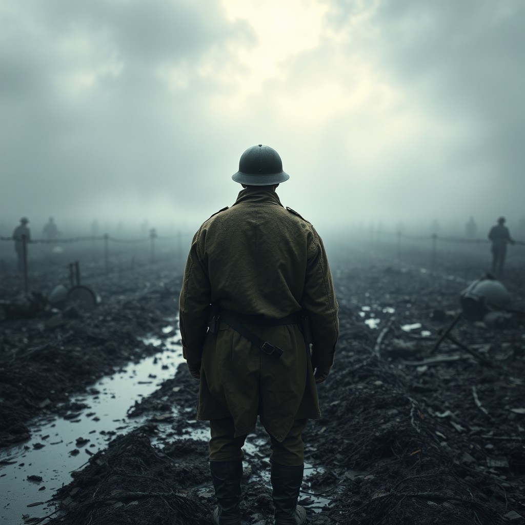 An eerie scene depicting a World War I soldier viewed from the rear, standing on a desolate battlefield