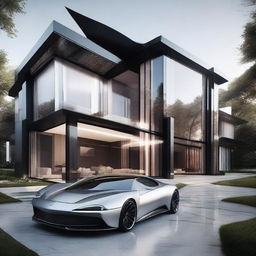 An 8K resolution vision of a revolutionary mansion featuring sharp architectural lines, constructed from silver and black carbon fibre, and glass, exuding a sense of opulence and modernity with a 1080HP picture quality.