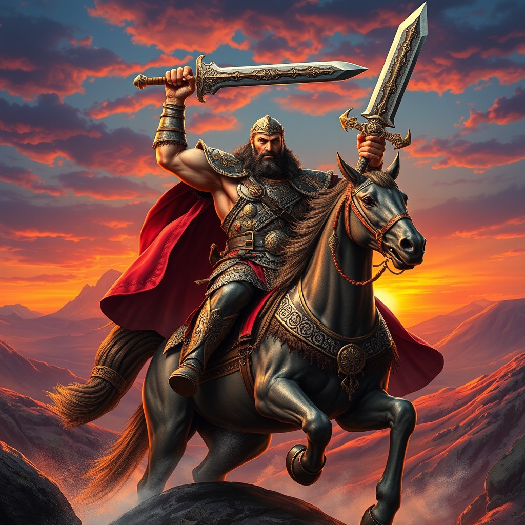 A majestic and heroic depiction of Rostam, a legendary figure from Persian mythology, showcasing his powerful physique and elaborate armor