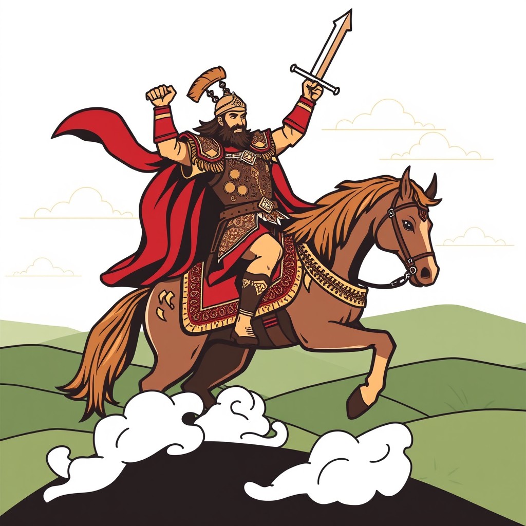 A stylized vector illustration of Rostam, the legendary hero from Persian mythology, depicted in a dynamic pose atop a powerful steed