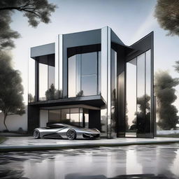 An 8K resolution vision of a revolutionary mansion featuring sharp architectural lines, constructed from silver and black carbon fibre, and glass, exuding a sense of opulence and modernity with a 1080HP picture quality.