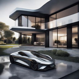 An 8K resolution vision of a revolutionary mansion featuring sharp architectural lines, constructed from silver and black carbon fibre, and glass, exuding a sense of opulence and modernity with a 1080HP picture quality.