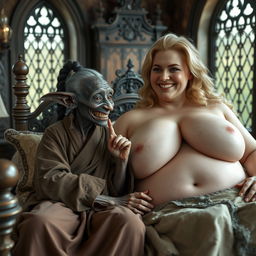 In a medieval-themed bedroom, two women are reclined on an ornate bed