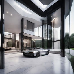 An 8K resolution vision of a revolutionary mansion featuring sharp architectural lines, constructed from silver and black carbon fibre, and glass, exuding a sense of opulence and modernity with a 1080HP picture quality.