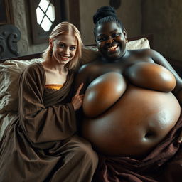 In a medieval bedroom, two women are lying on a bed