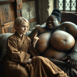 In a medieval bedroom, two women are lying on a bed