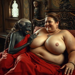 In an exquisite medieval bedroom, two women are lying on an elaborately decorated bed