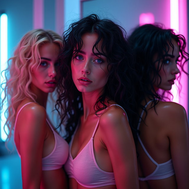 A highly photorealistic image of three slender Russian girls with fair skin and deep blue eyes