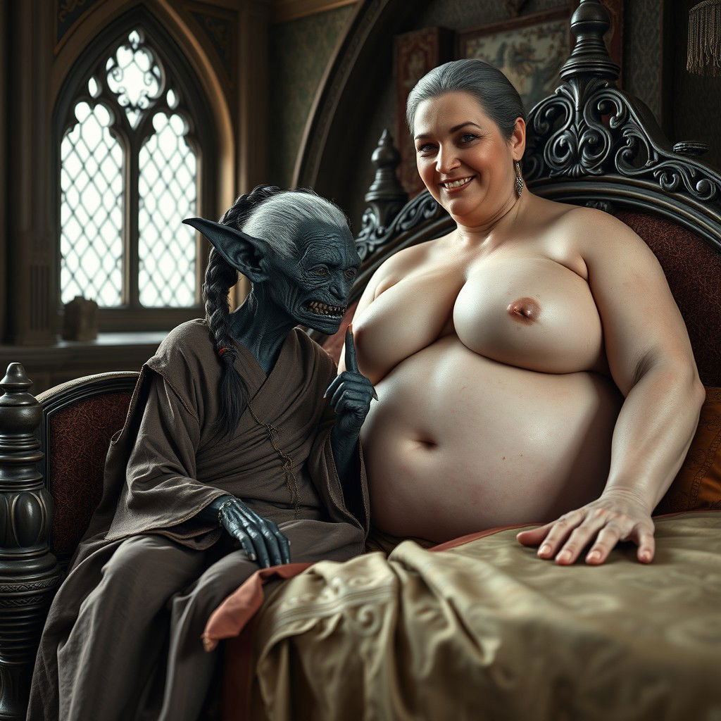 In a beautifully detailed medieval bedroom, a small, elderly female goblin is lounging on an intricately designed bed