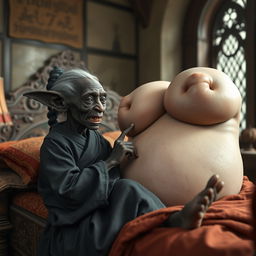 In a beautifully detailed medieval bedroom, a small, elderly female goblin is lounging on an intricately designed bed