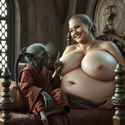 In a beautifully detailed medieval bedroom, a small, elderly female goblin is lounging on an intricately designed bed