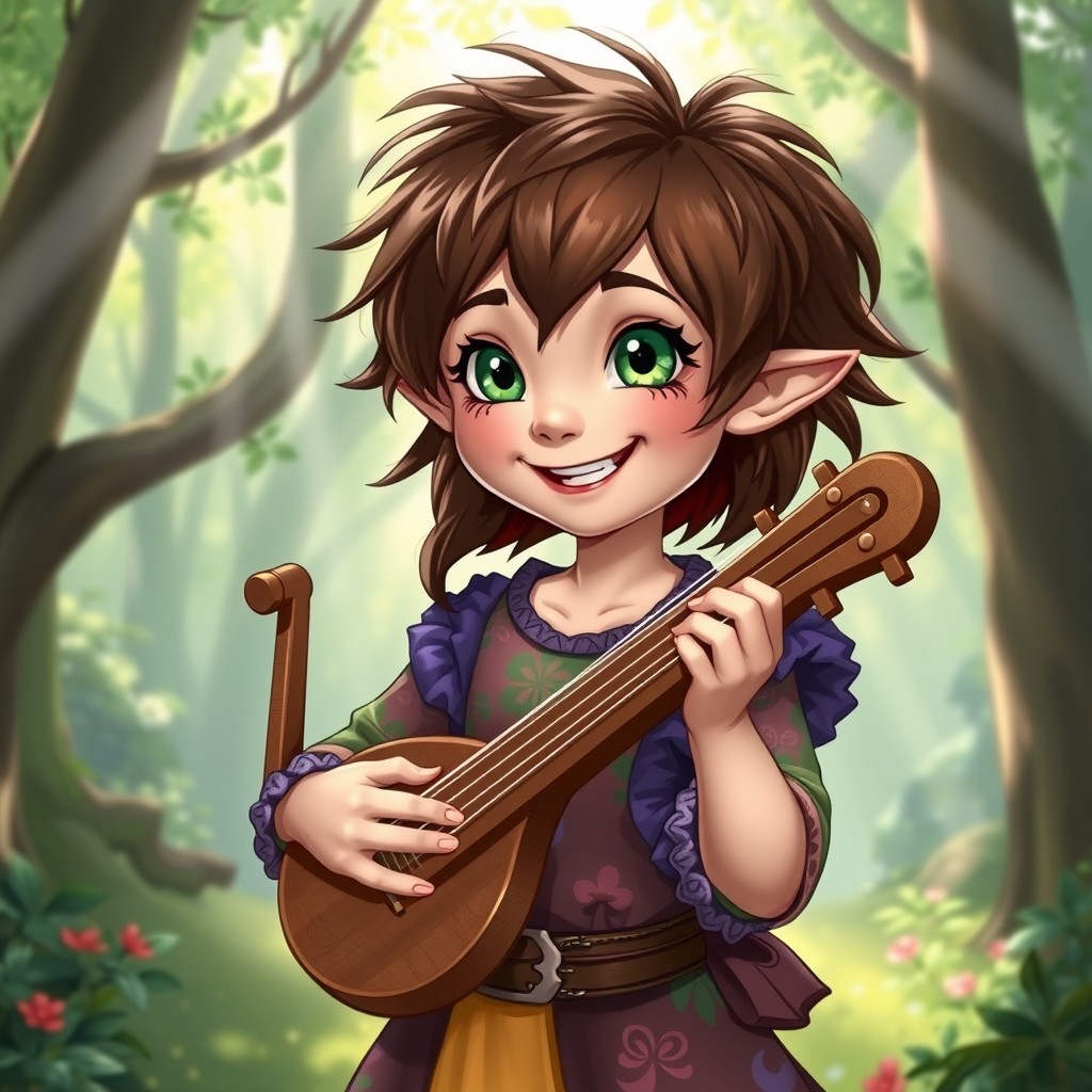 A cheerful young adult halfling bard, with tousled brown hair and bright green eyes, joyfully playing a beautifully crafted lyre