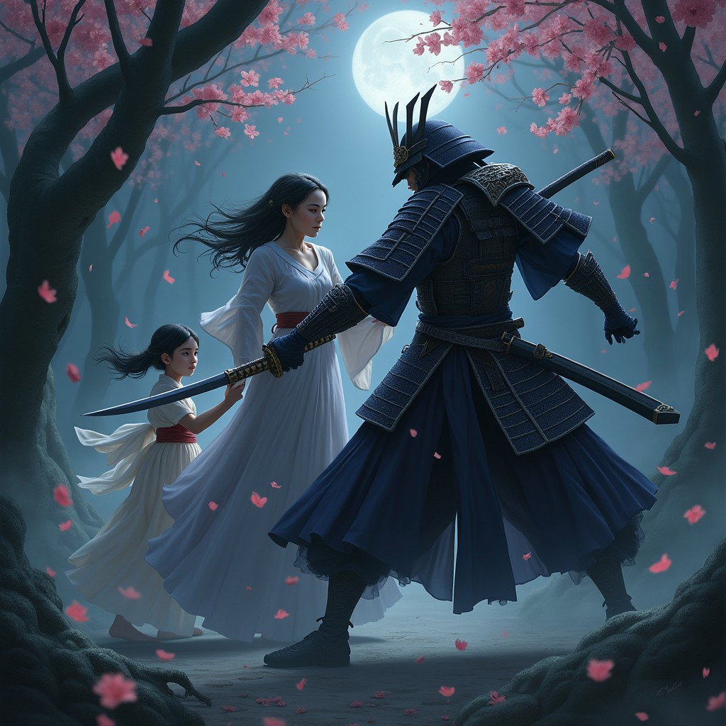 A powerful scene depicting the Raven Queen's Samurai, clad in intricate, shadowy armor with dark flowing fabrics, standing valiantly in a dramatic battle pose