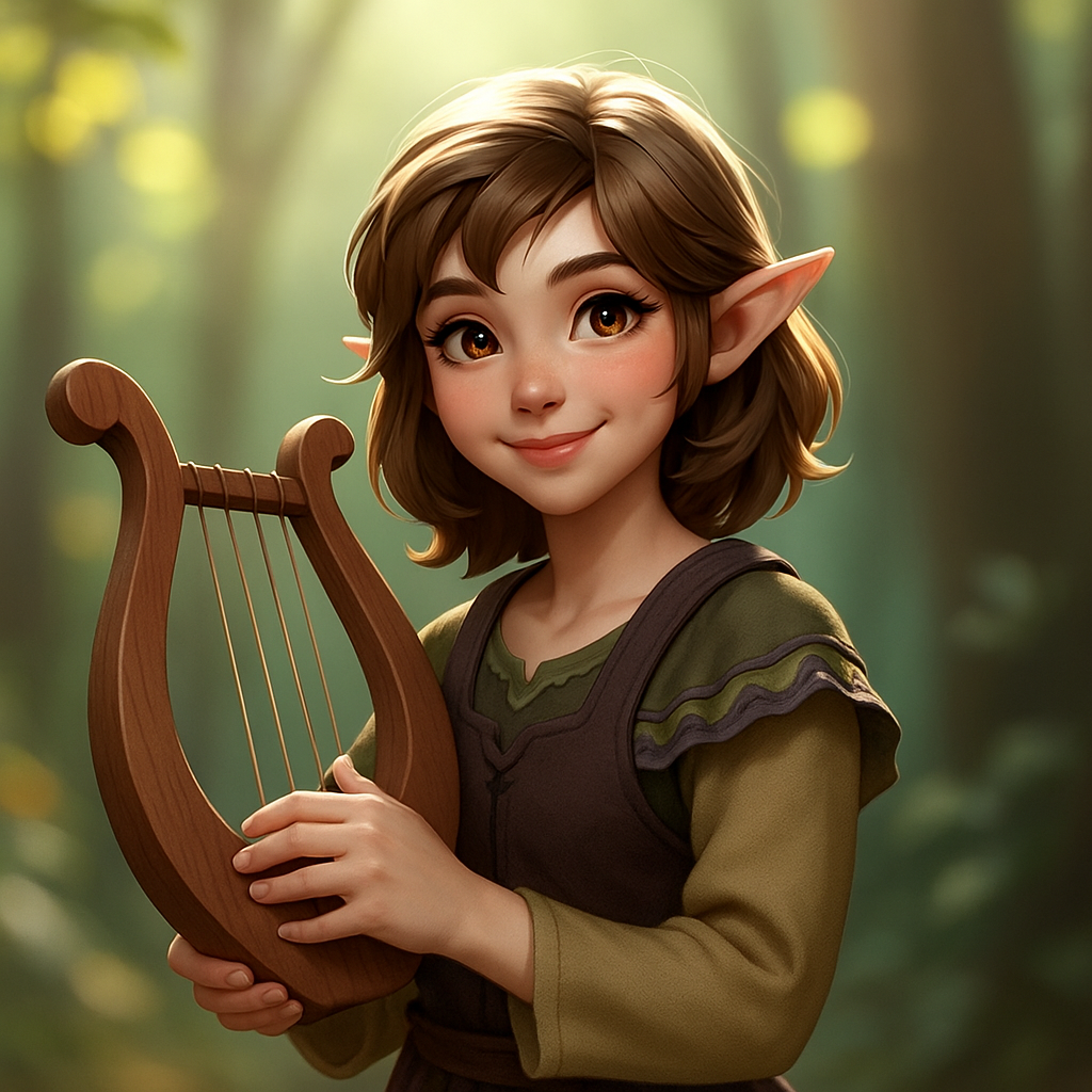 A cheerful young adult halfling bard with tousled brown hair and bright green eyes, joyfully holding a wooden lyre in one hand