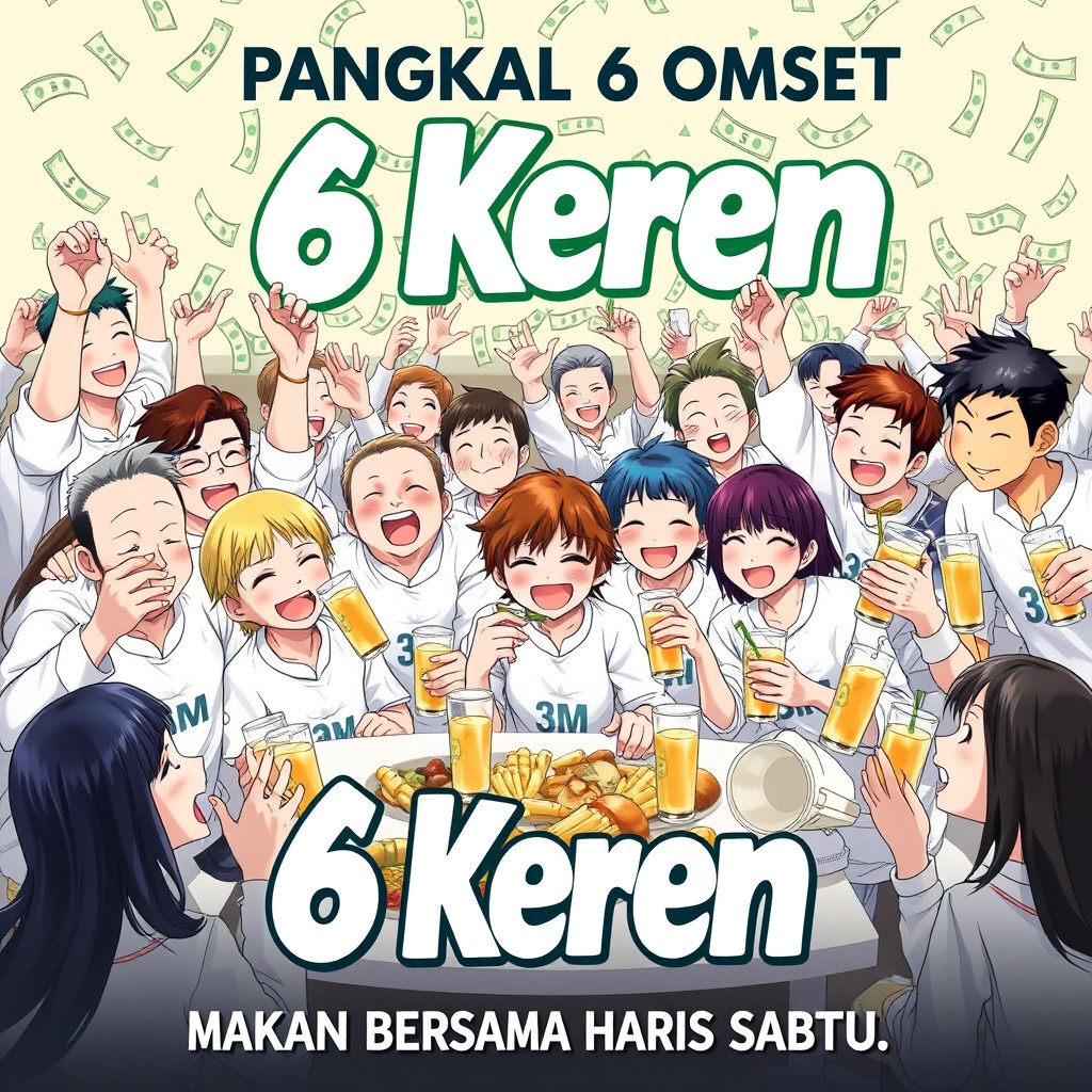 An anime poster depicting a large group of people joyfully eating together and celebrating with soju drinks