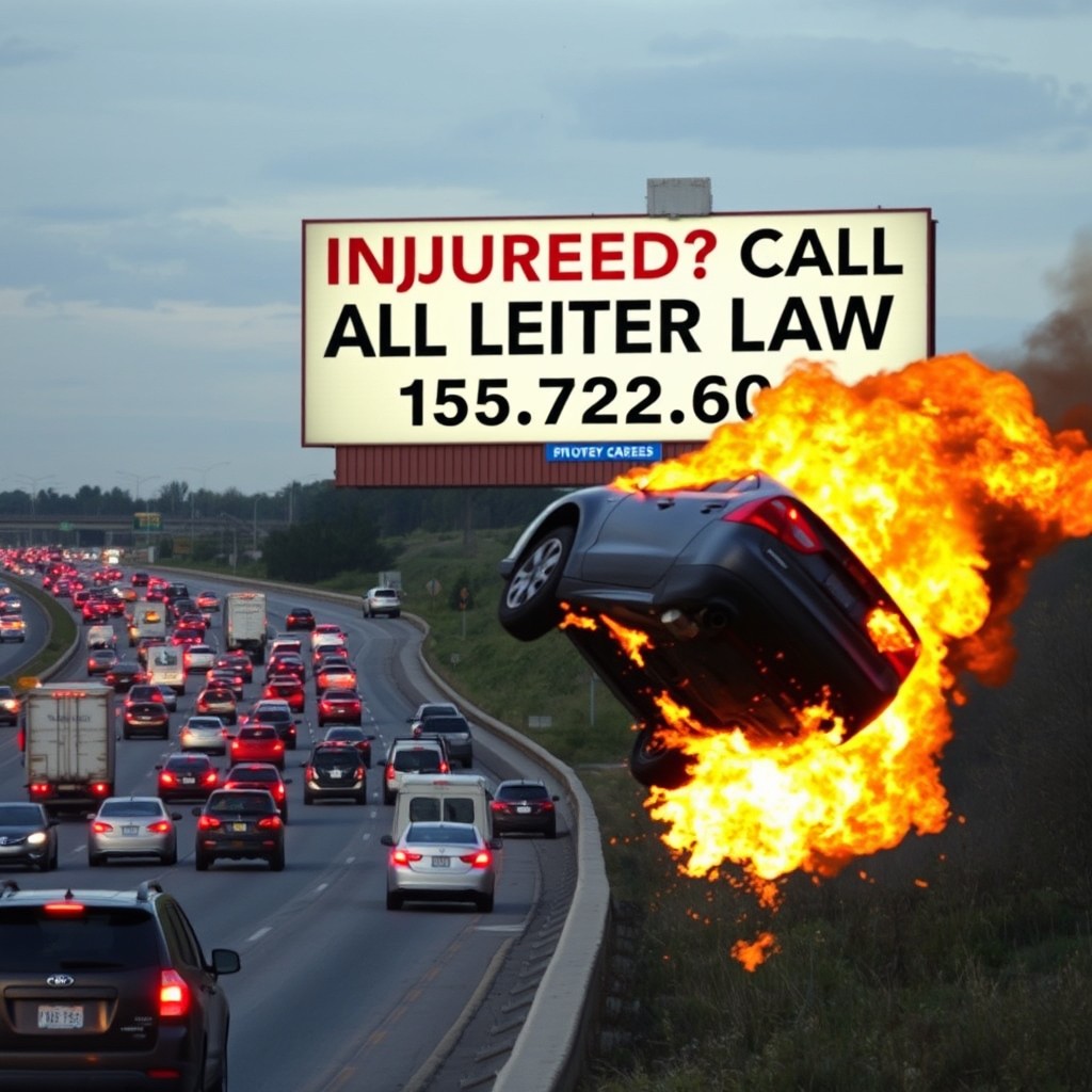 A very large billboard sign on a hill next to a busy expressway, prominently displaying the text: 'INJURED? CALL LEITER LAW 815