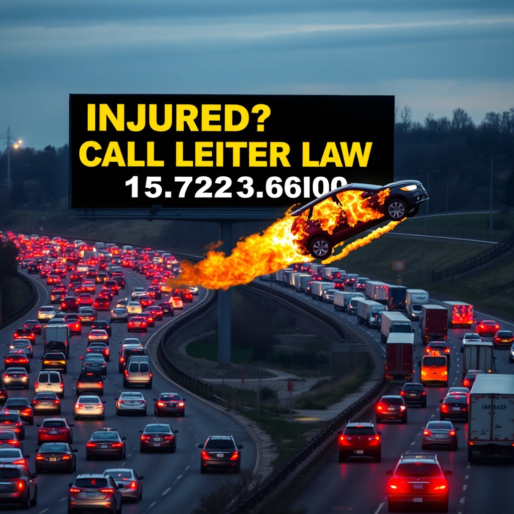 A very large billboard sign prominently displayed next to a busy expressway on a hill, vividly reading 'INJURED? CALL LEITER LAW 815