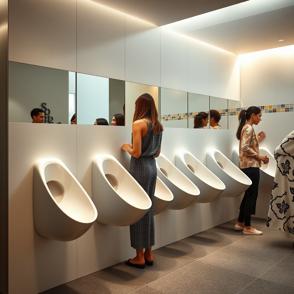 A series of women's urinals featuring long, narrow, extended bowls arranged elegantly along a sleek, modern restroom wall