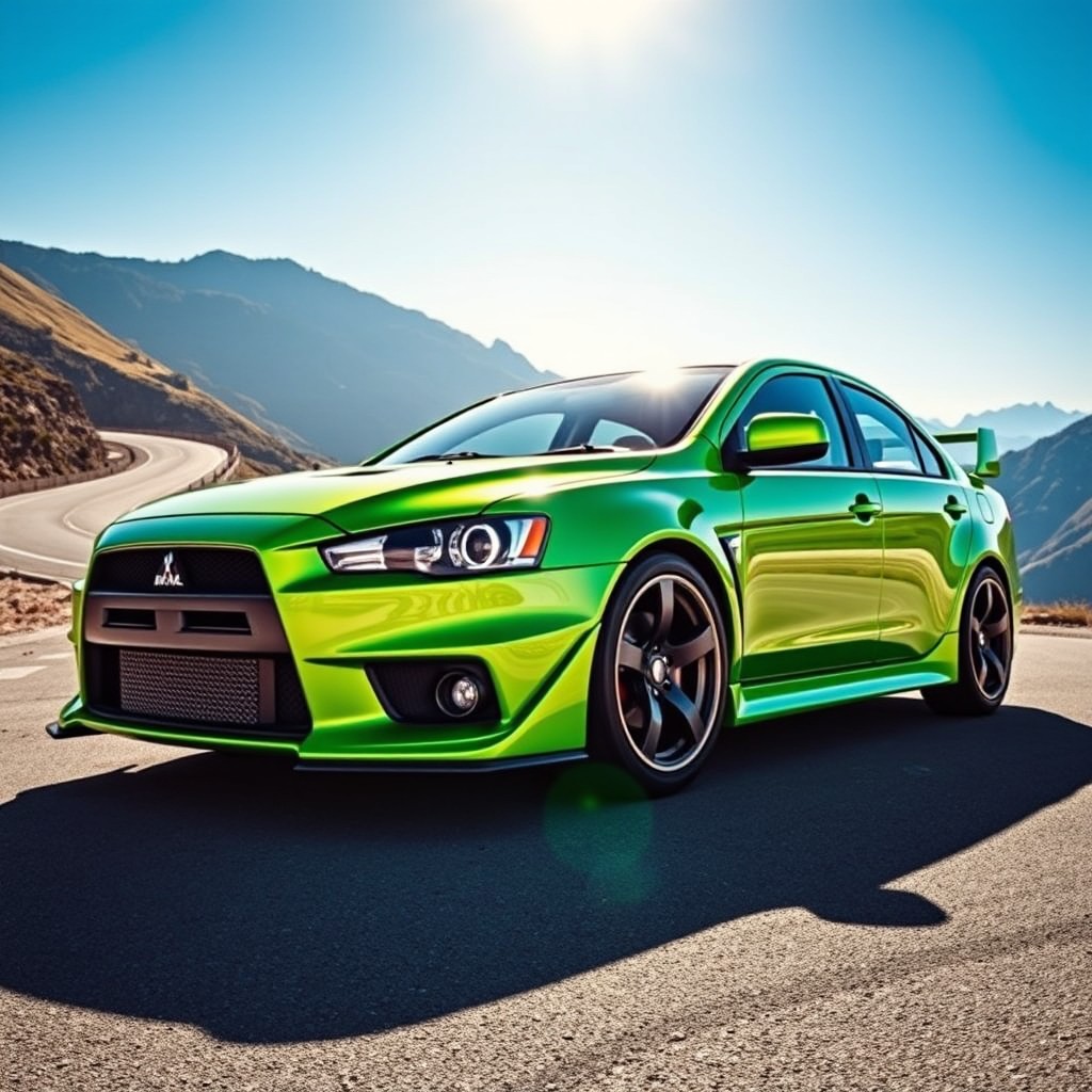 A vibrant green Mitsubishi Lancer with a turbocharger, showcasing its sleek, sporty design