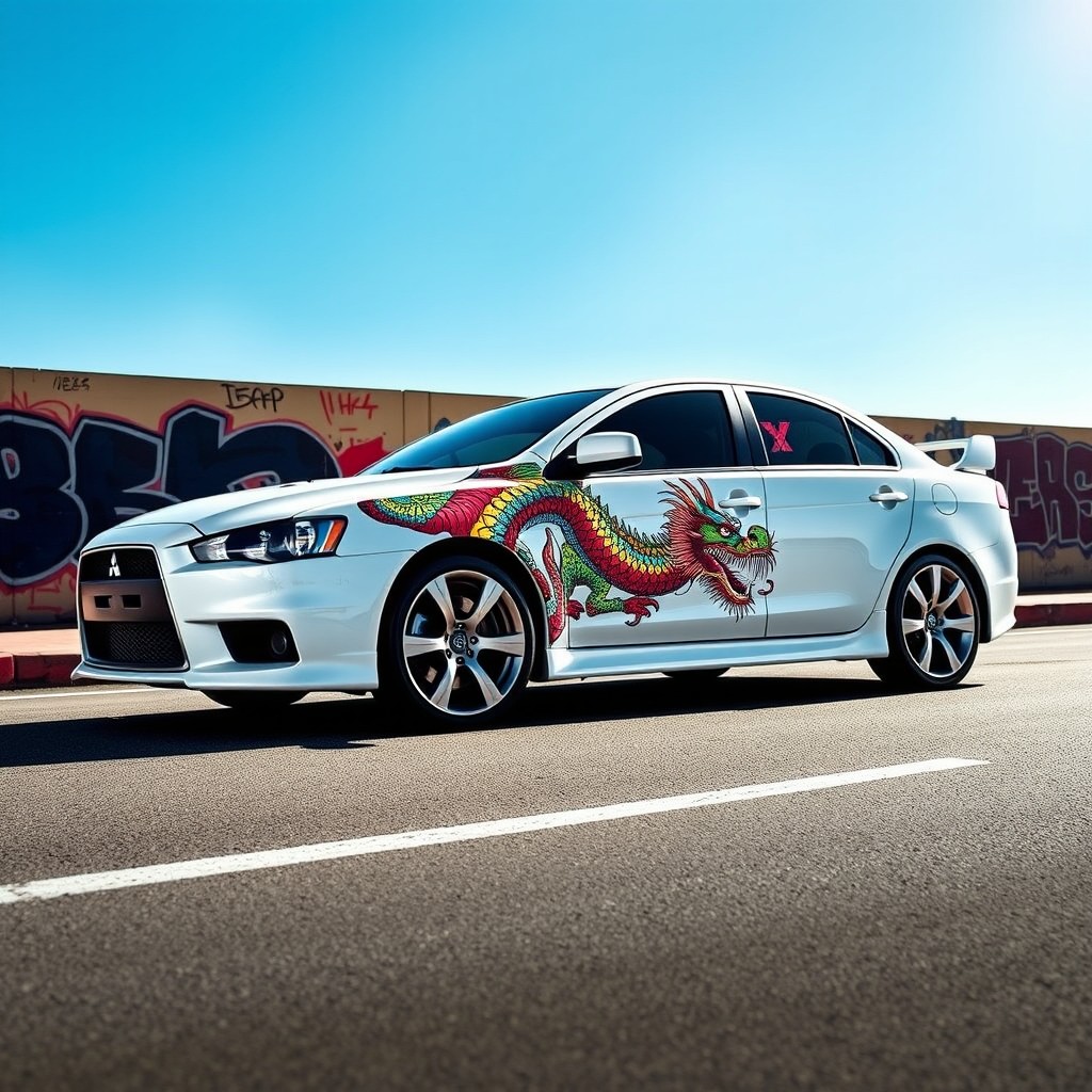 A 2015 Mitsubishi Lancer in a striking white color, featuring an intricate, colorful dragon mural painted on the side of the car