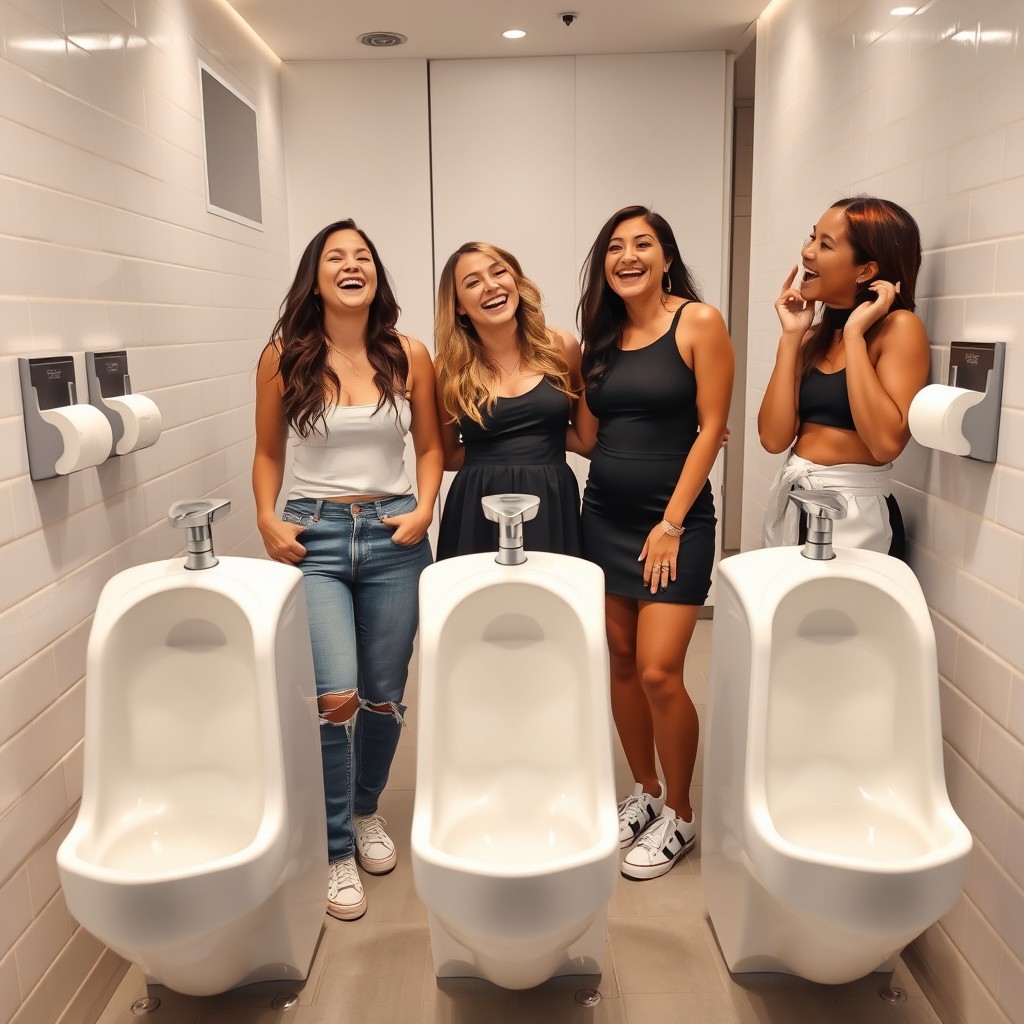 A group of women standing in a modern restroom, with female urinals in front of them