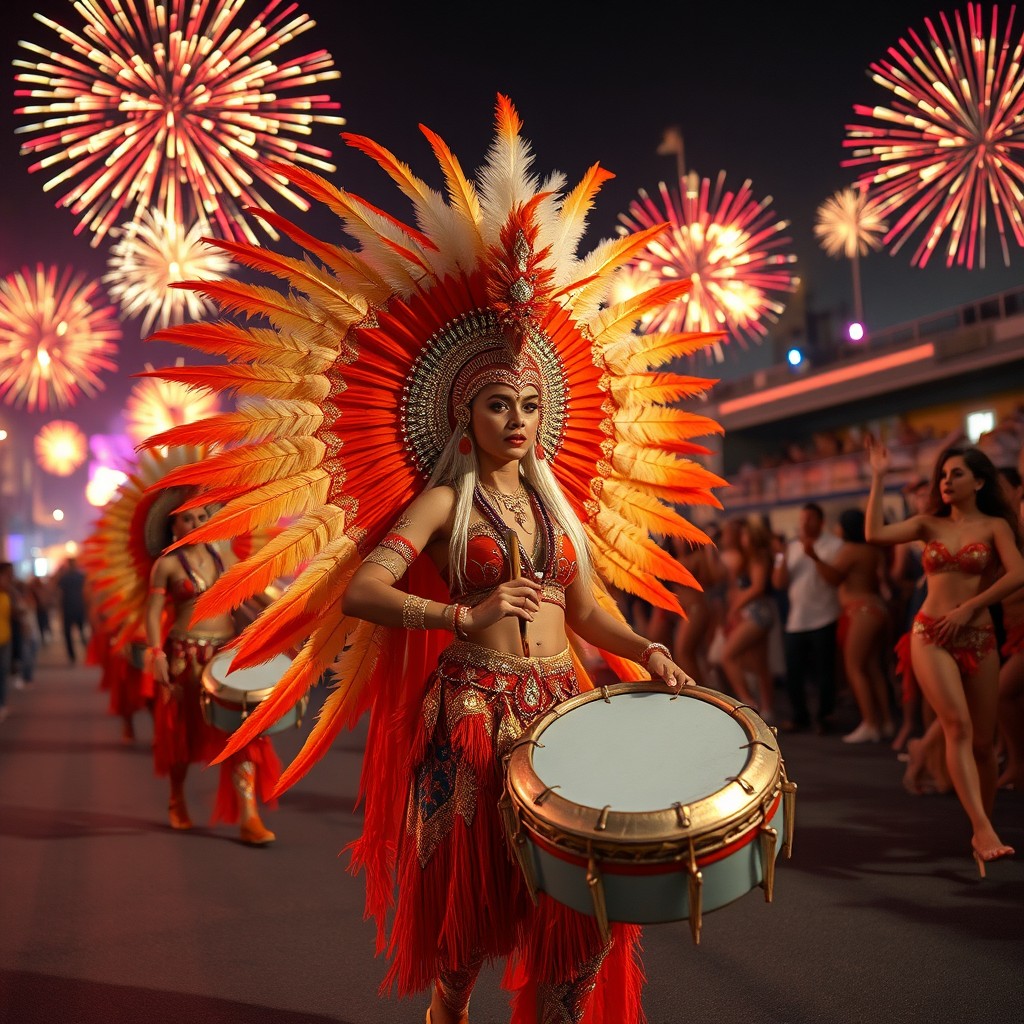 A realistic depiction of a white and orange Indian girl parading like a drum queen at Carnival