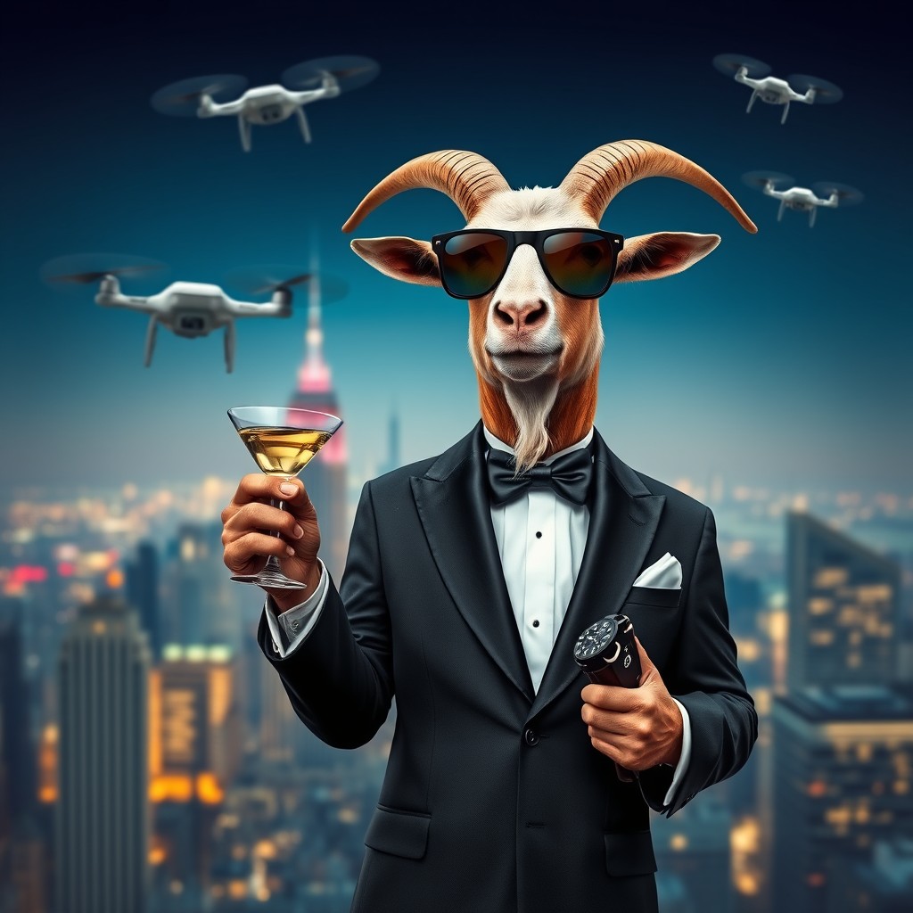A stylish goat dressed as a secret agent, reminiscent of James Bond
