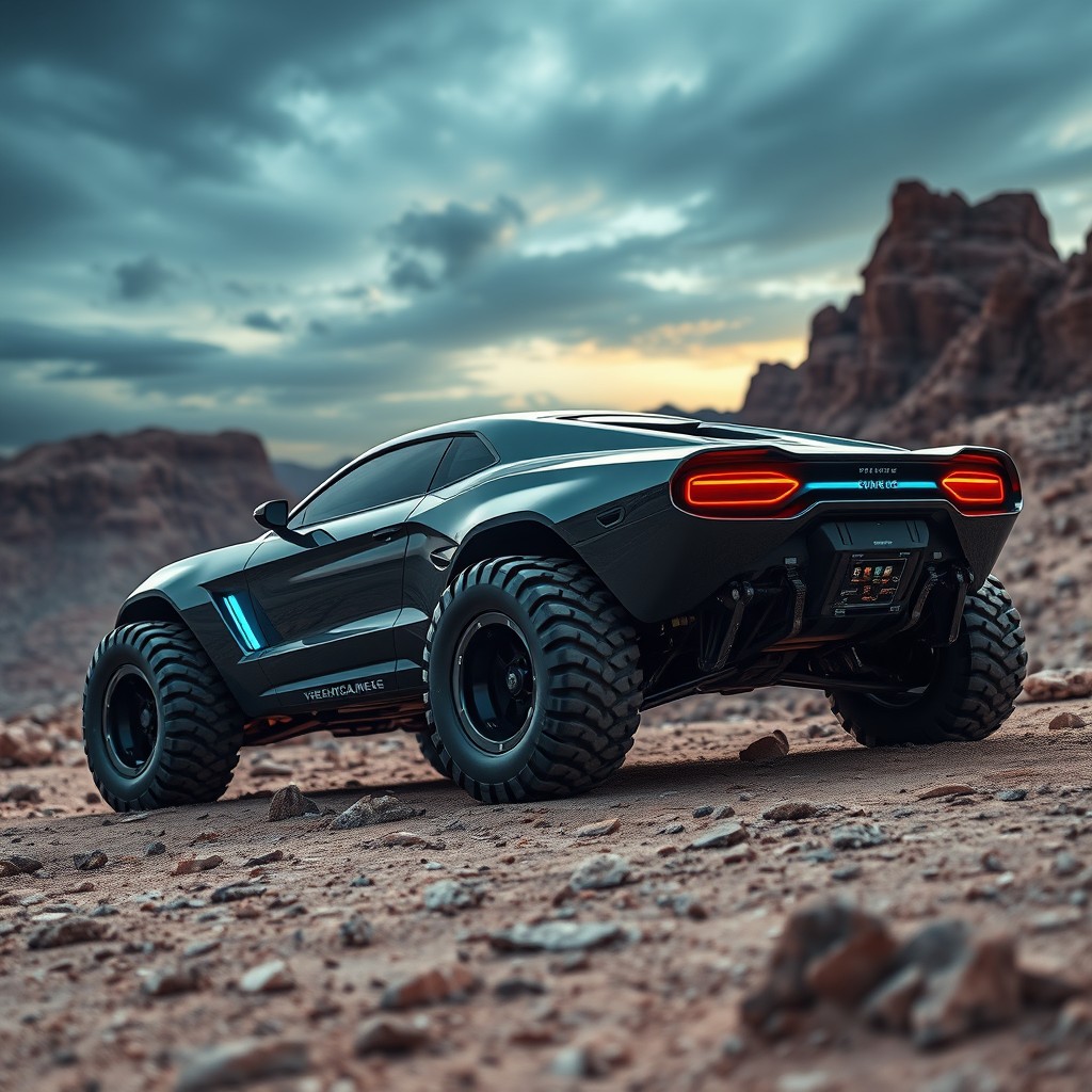 A sleek and powerful futuristic muscle car designed for off-road capabilities, featuring a streamlined body with sharp angles and an aggressive stance