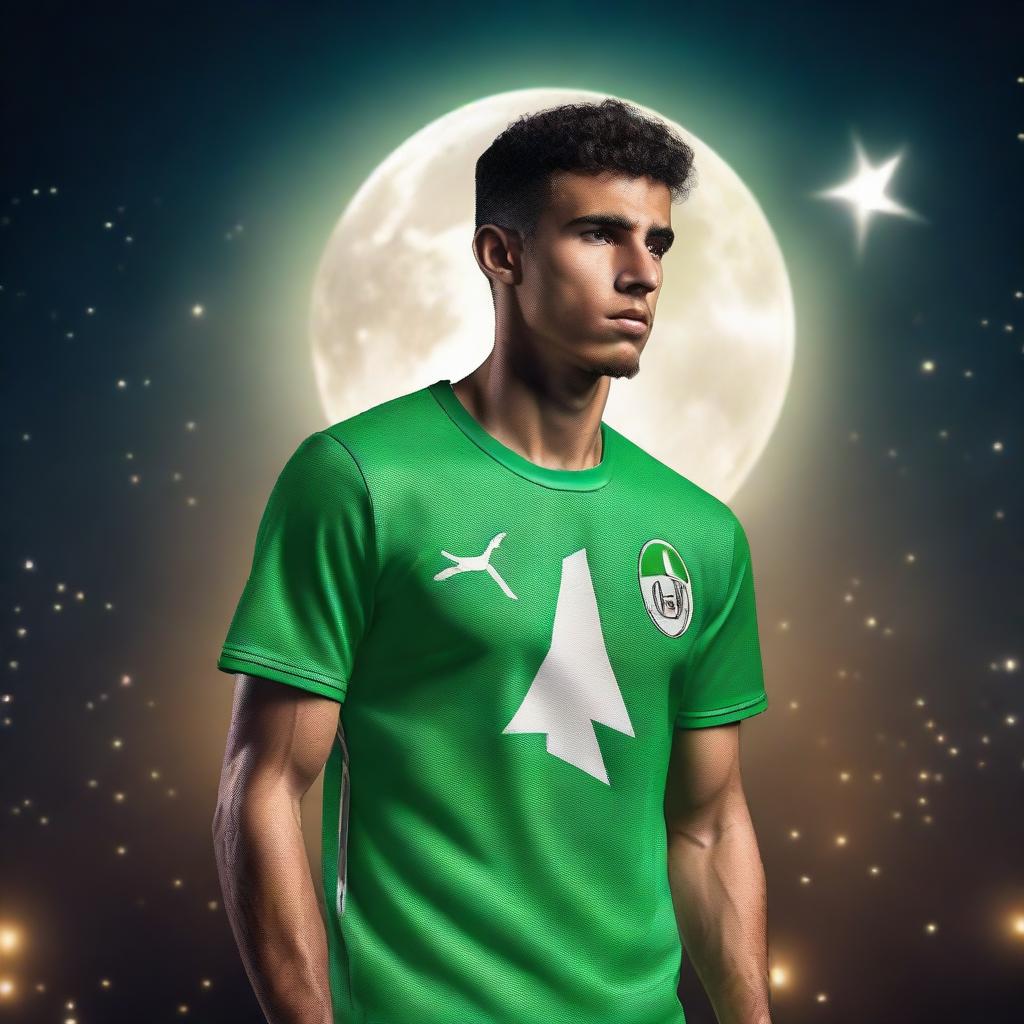 A youthful male figure, prominently donning the Algerian national team shirt, positioned under the melancholic glow of a night moon. Render this image with stunning 8K resolution detail.