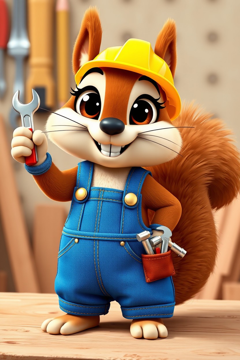 A highly stylized, cute, and friendly cartoon squirrel mascot with big, expressive dark brown eyes featuring prominent white reflections, a small black nose, and a wide, cheerful smile showing two front teeth