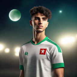 A youthful male figure, prominently donning the Algerian national team shirt, positioned under the melancholic glow of a night moon. Render this image with stunning 8K resolution detail.