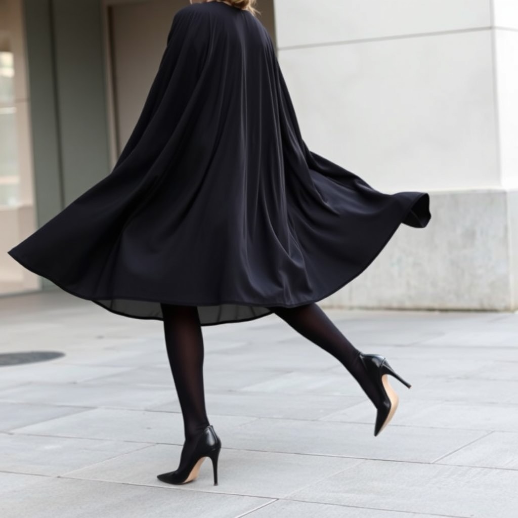A woman elegantly dressed in a thick black chadori, paired with black tights and stylish black high heels, confidently walking on a sidewalk